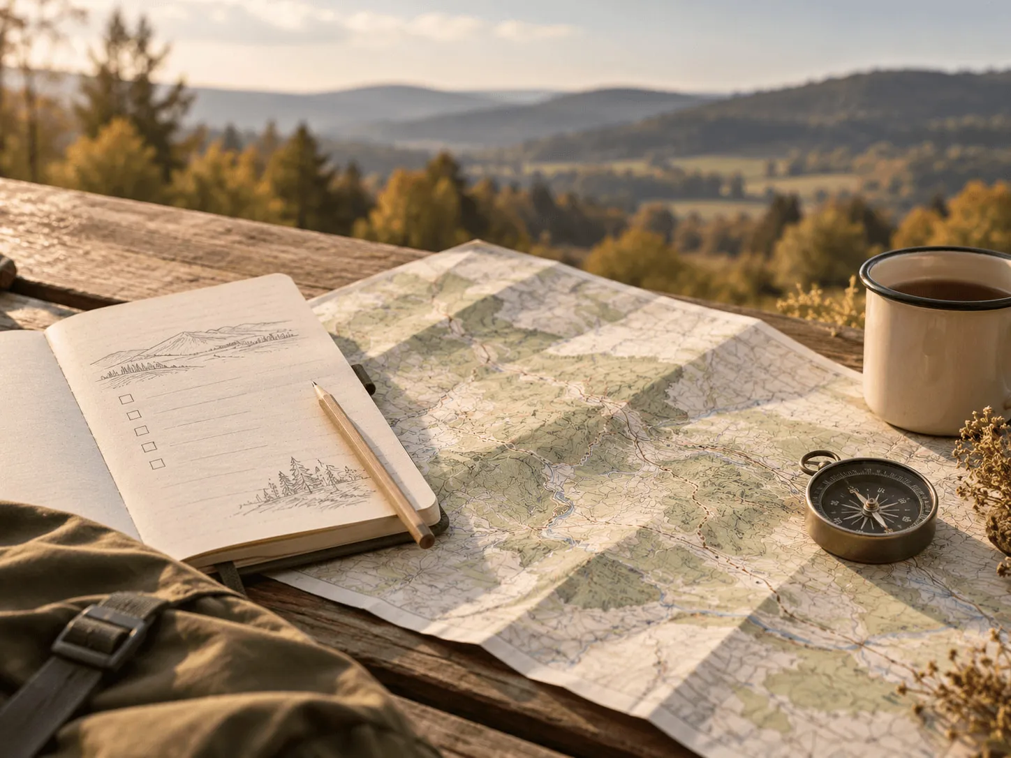 Rozłożona mapa turystyczna, notes z listą do odhaczenia, ołówek, mosiężny kompas i emaliowany kubek na drewnianym stole